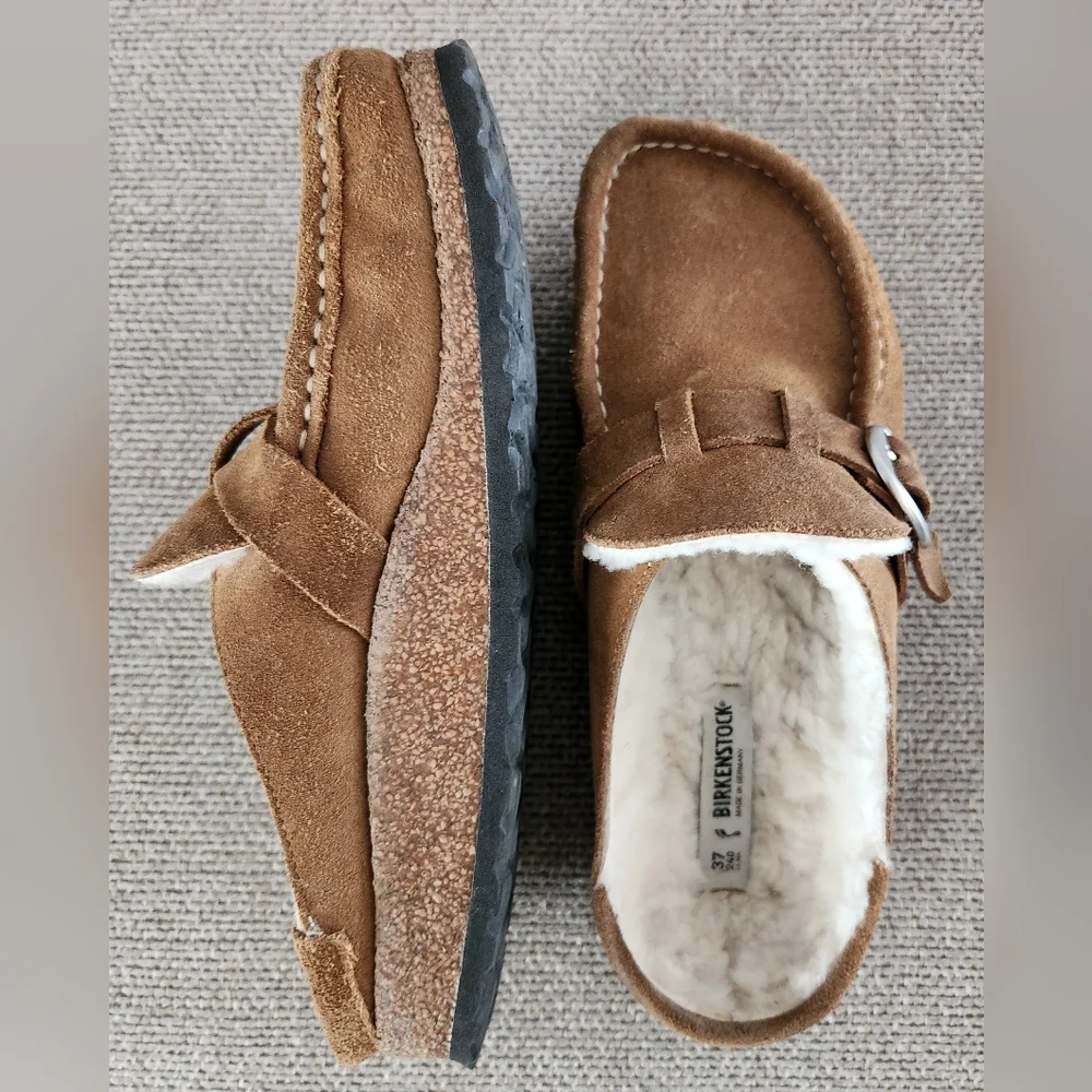Birkenstock Tan Suede Shearling-Lined Clog Mules with Buckle - Picture 7 of 10